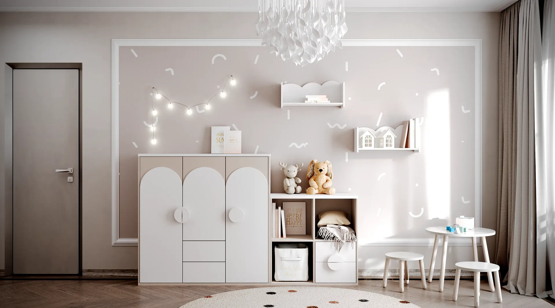 Vista de la habitación del niño, que muestra una pequeña mesa de actividades, una cómoda y un área de juegos.