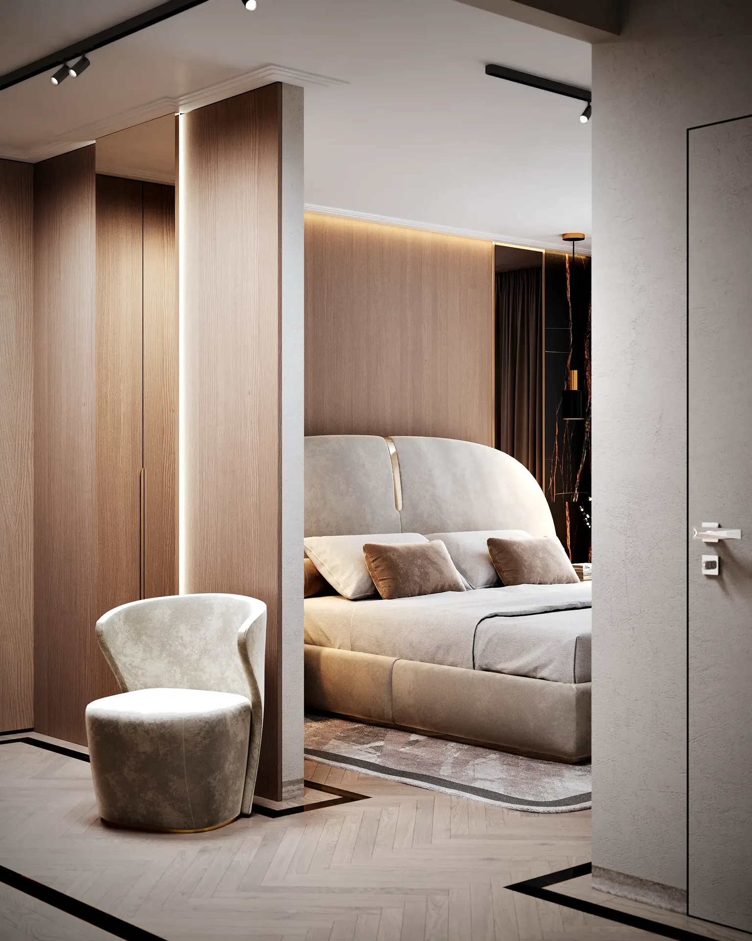 Vestidor del dormitorio principal con espejo de cuerpo entero, un acogedor sillón y un armario abierto.