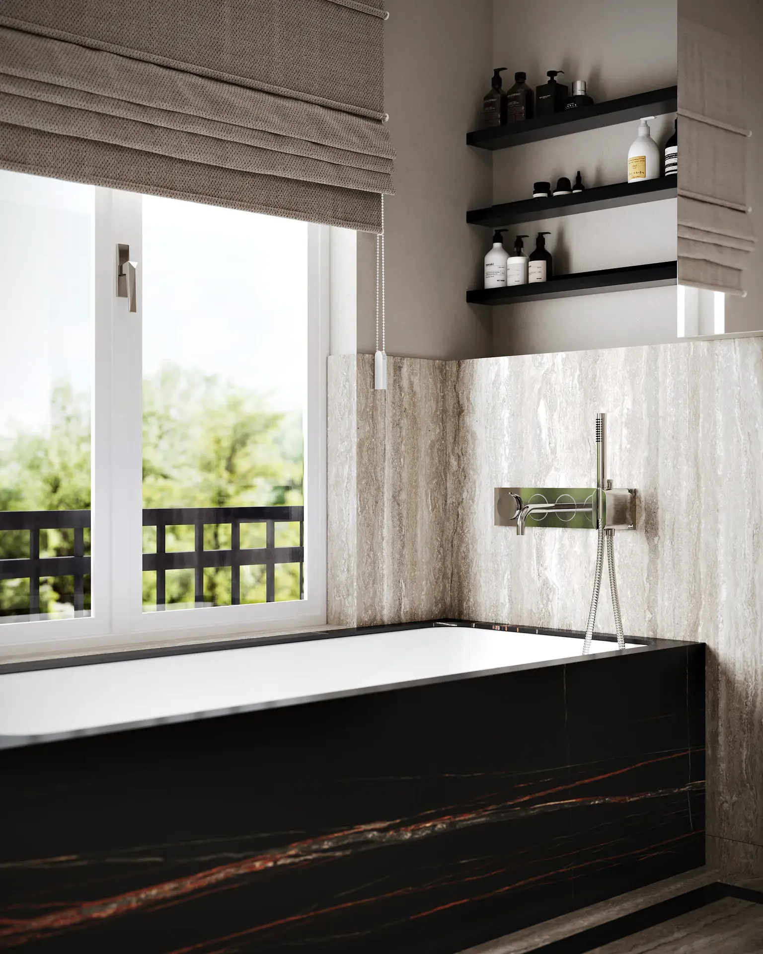 Sereno baño principal que cuenta con una moderna bañera independiente ubicada junto a una gran ventana.