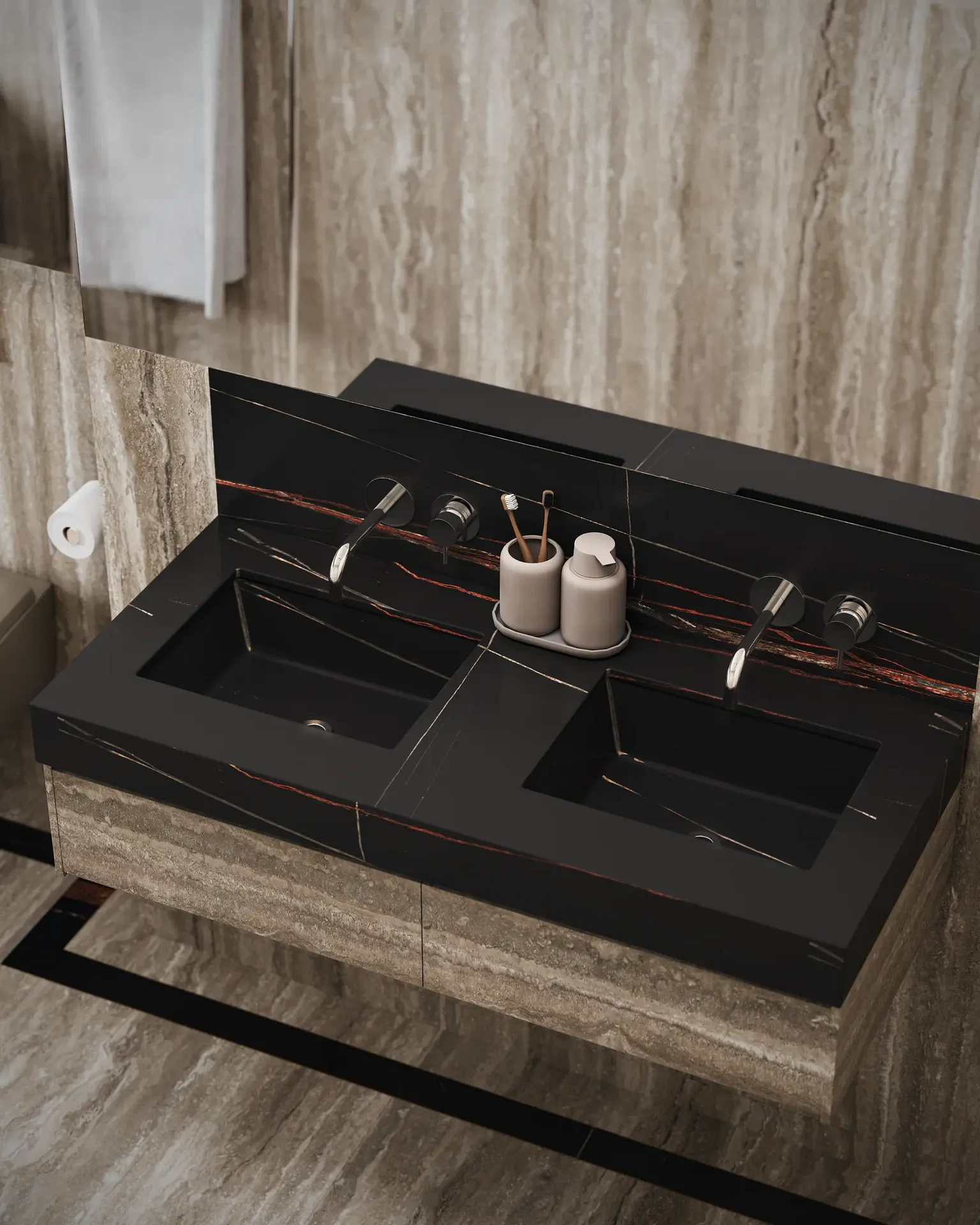 Primer plano del tocador del baño principal, que muestra un elegante lavabo, un grifo y una decoración minimalista.