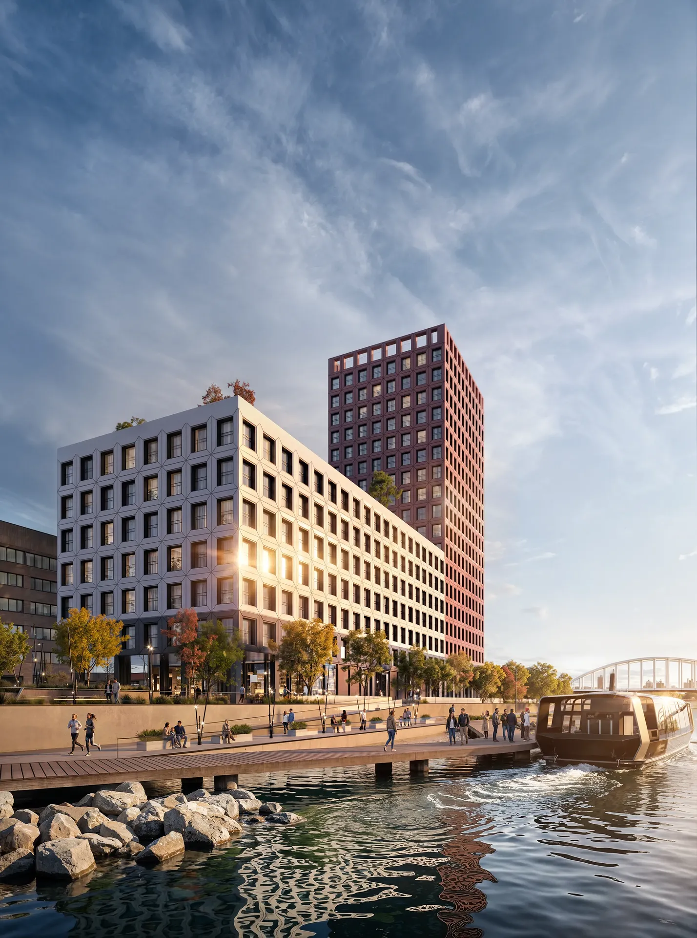 Vue sur le front de mer d'un complexe résidentiel moderne vu depuis une jetée en bois.