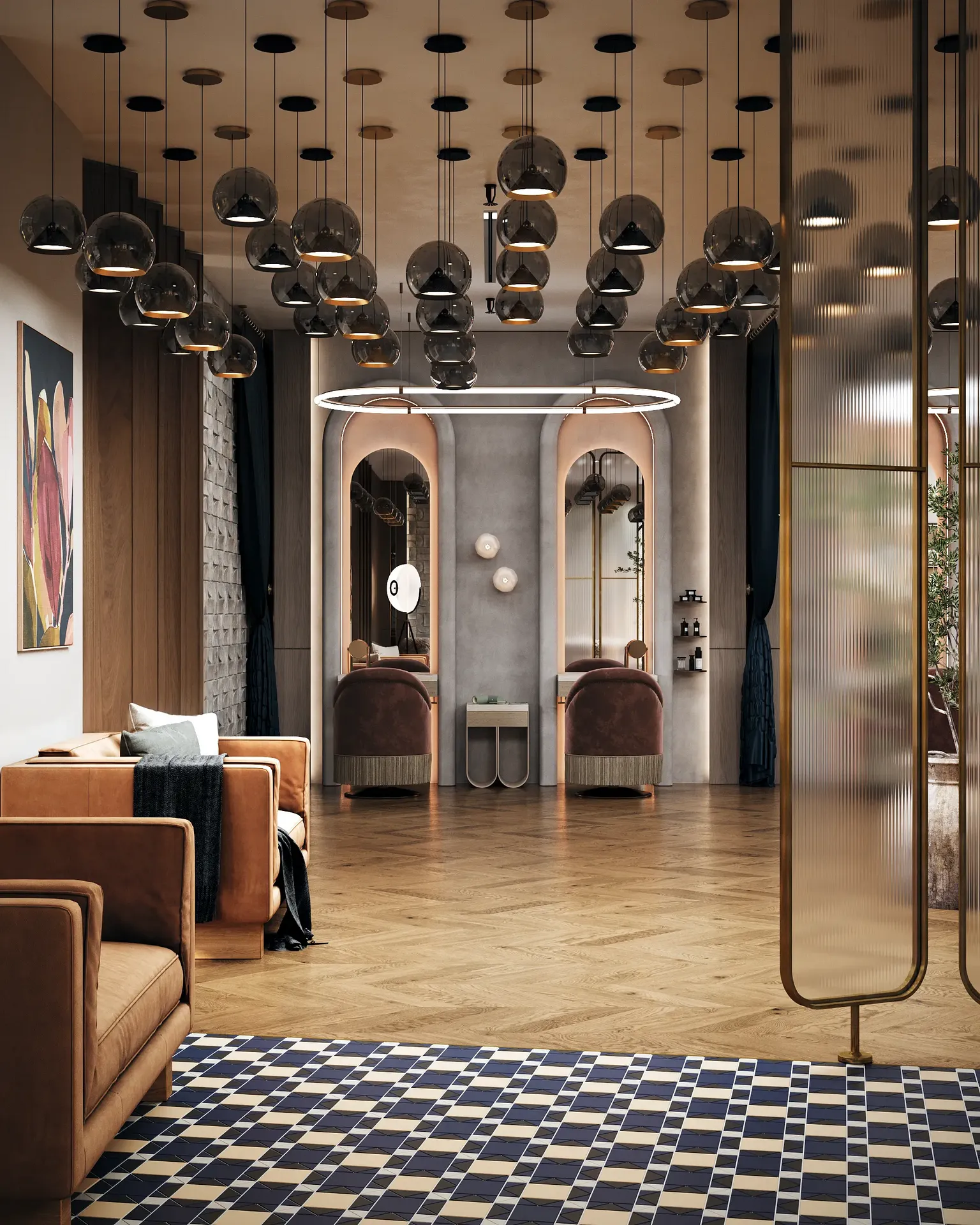 Vista del salón que muestra las modernas estaciones de peluqueros y la sala de espera adyacente.
