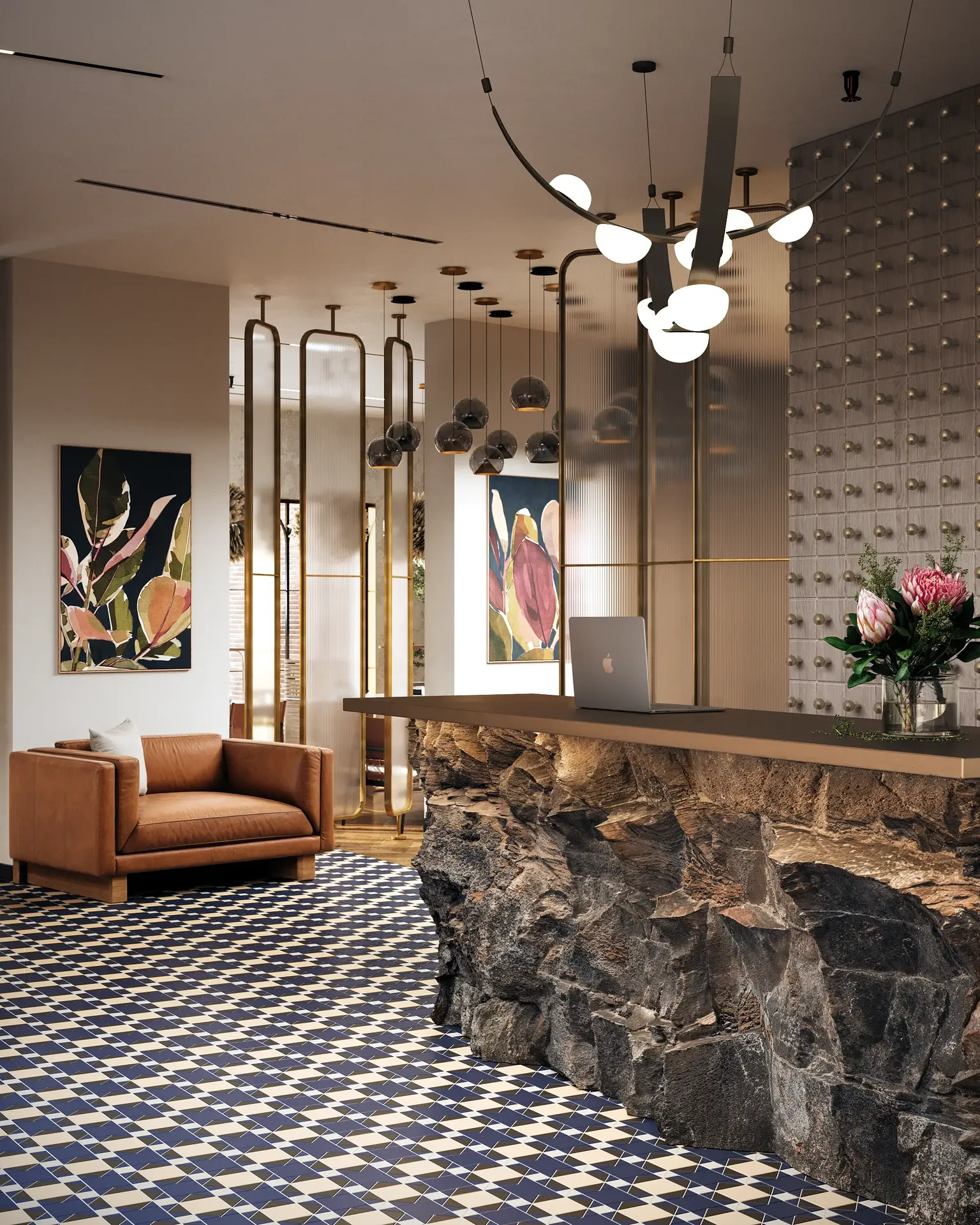 Vista de esquina del elegante salón de recepción y sala de espera, separados por elegantes mamparas.