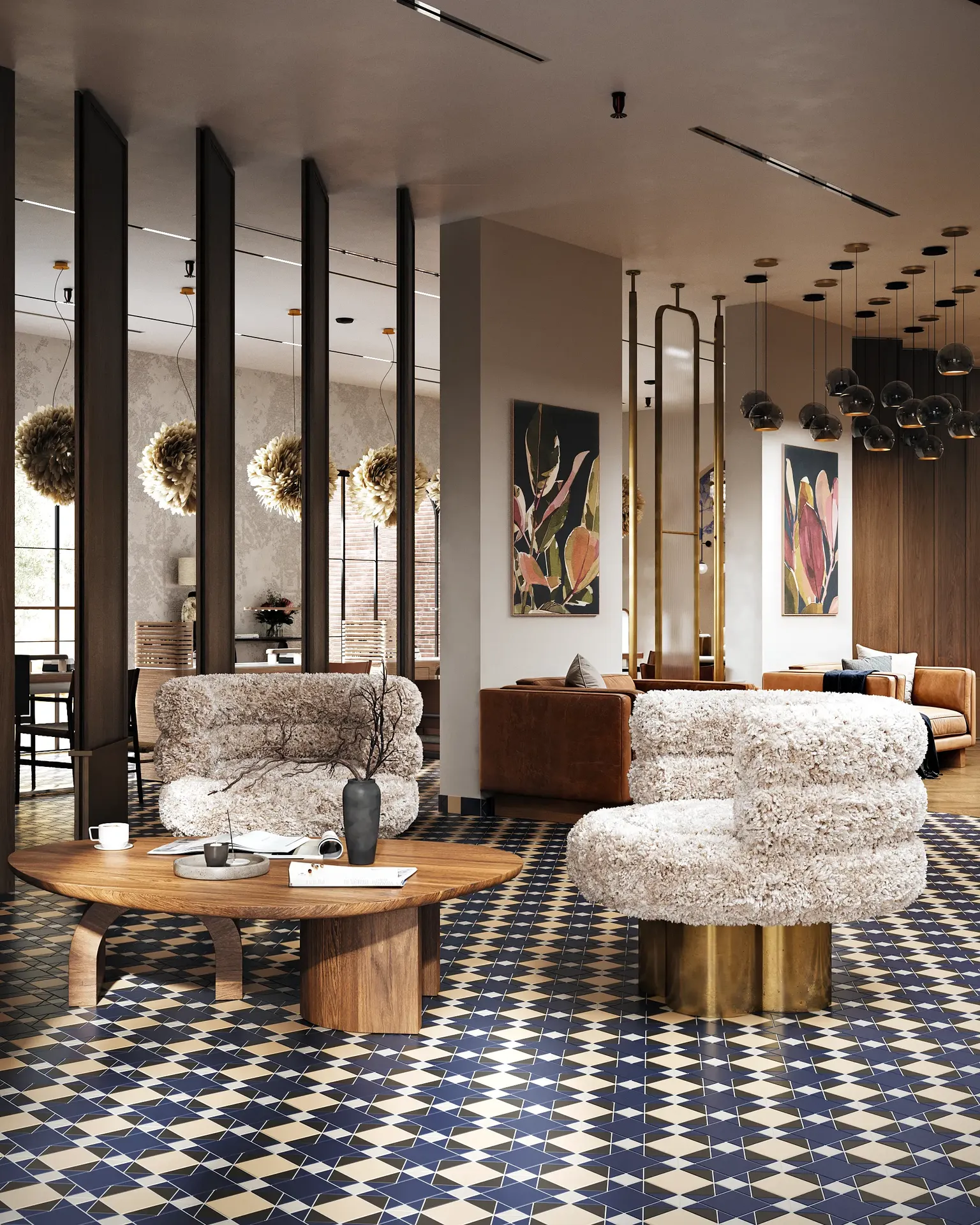 Elegante sala de espera con dos sillones modernos y una mesa de café central.