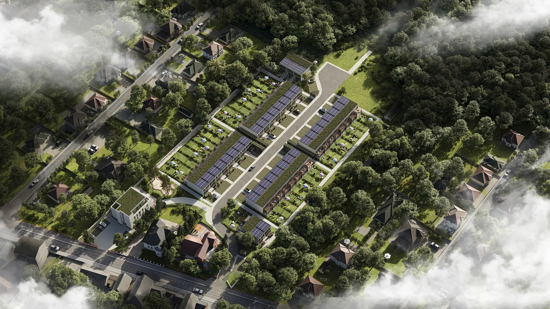 Vue aérienne d'un complexe de maisons de ville résidentielles modernes.