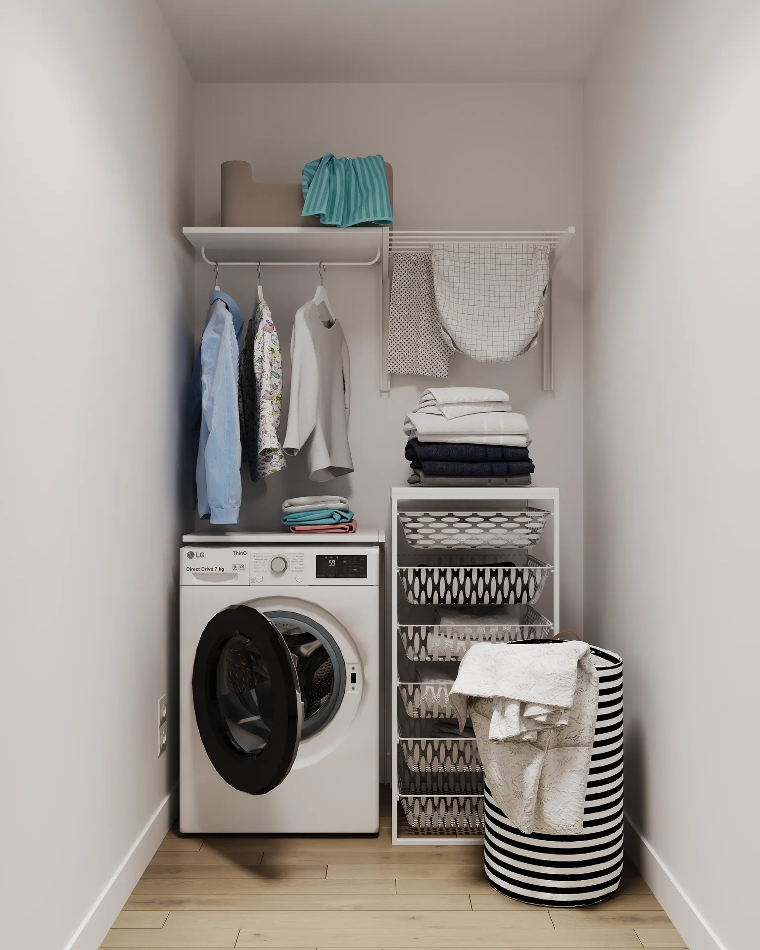 Cellier avec lave-linge et étagères de stockage de produits chimiques.