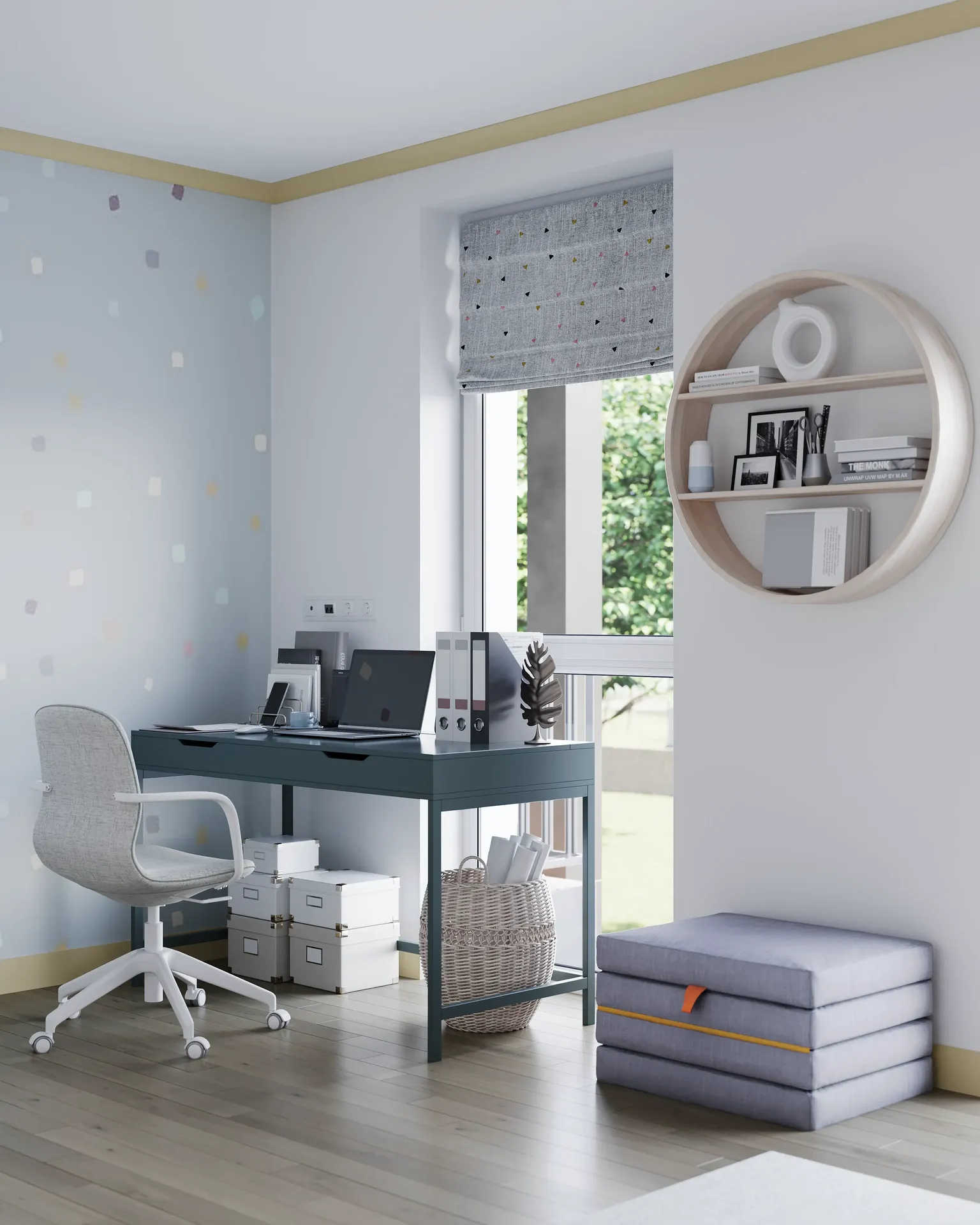 Vue en angle d'un espace de travail avec un bureau, un pouf et des étagères.