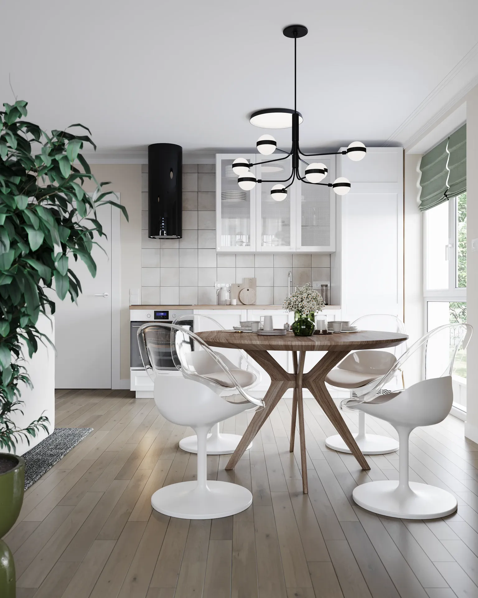 Table à manger pour quatre personnes et armoires de cuisine.