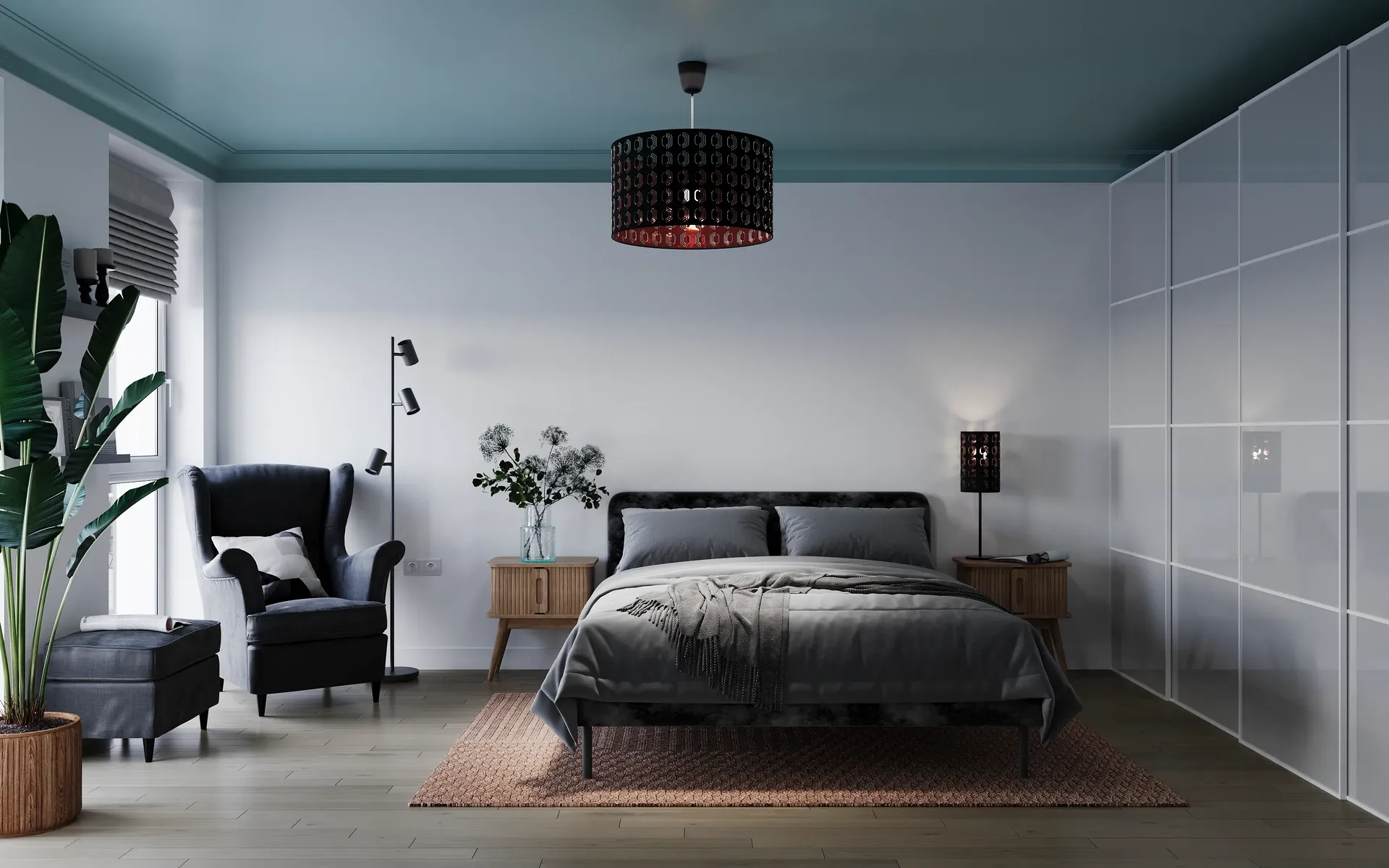 Vue de face d'un lit, d'un fauteuil, d'une lampe et d'une armoire.