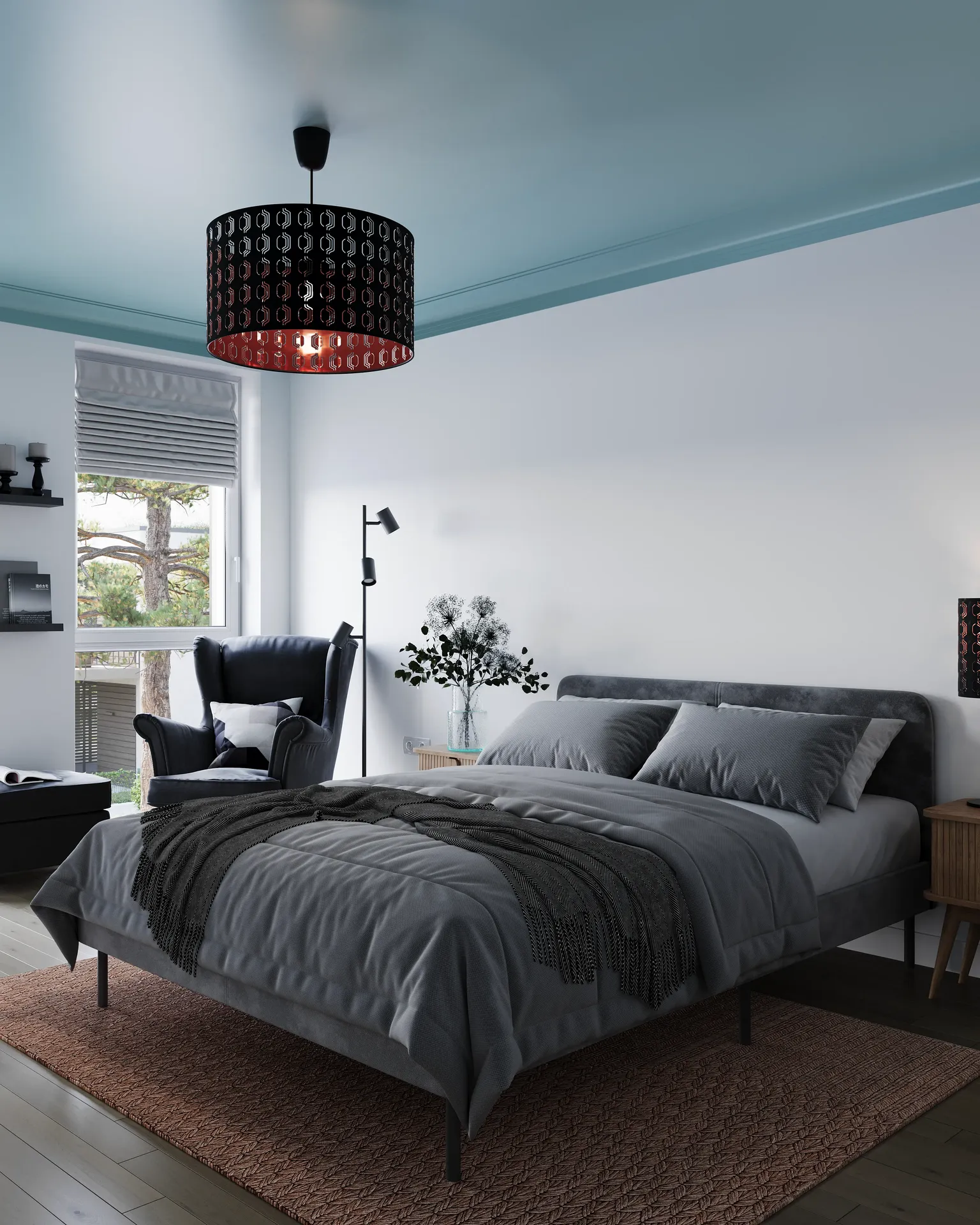 Vue inclinée d'un lit et d'un fauteuil près de la fenêtre.