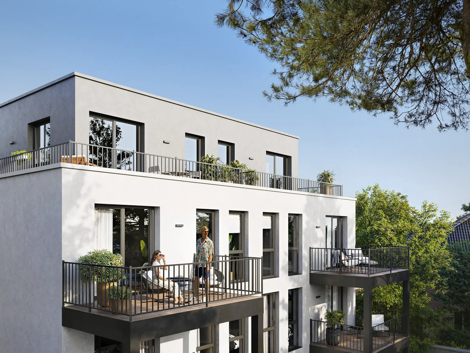 Vue des balcons avec les résidents se relaxant.