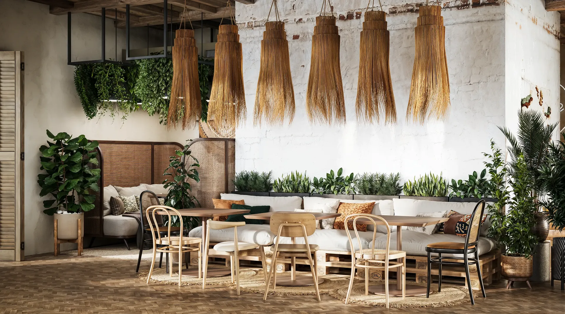 Comedor principal con asientos flexibles, que incluyen mesas para dos y rincones íntimos para banquetes.