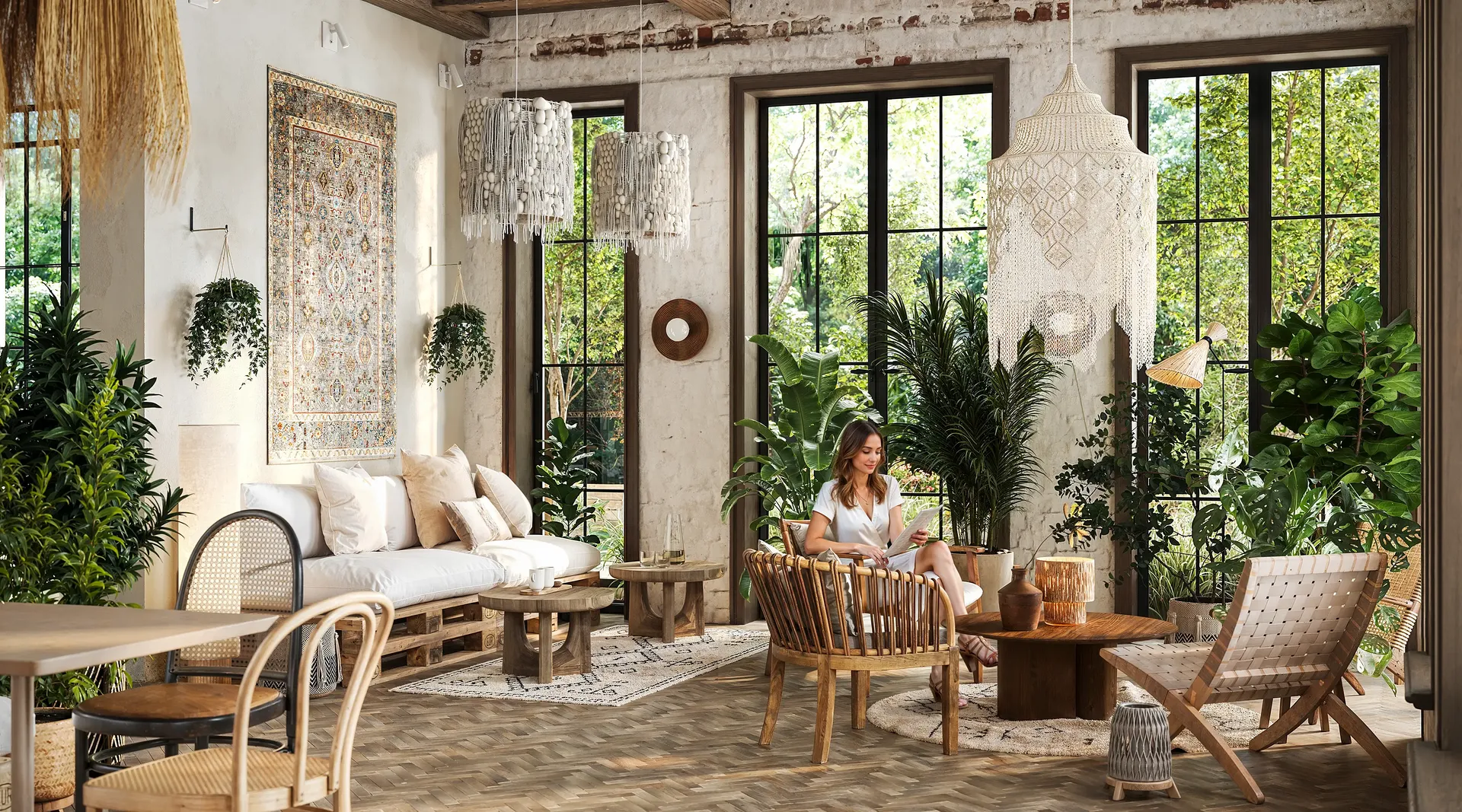 Eleganter Restaurant-Loungebereich mit einem Plüschsofa, Kaffeetischen und einer gemütlichen Sesselgruppe.