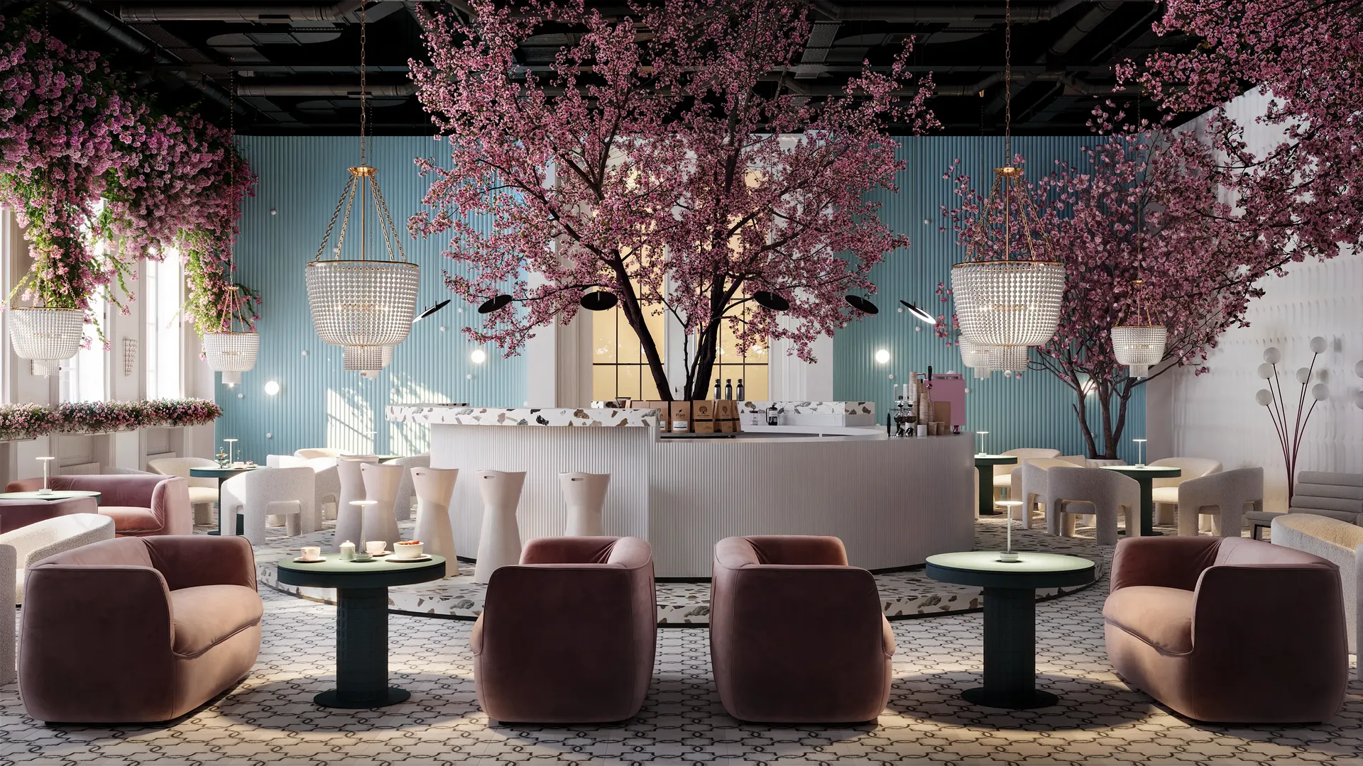 Interior sereno y moderno de la cafetería con asientos variados: taburetes, sillones íntimos y cómodos sofás junto a la barra.