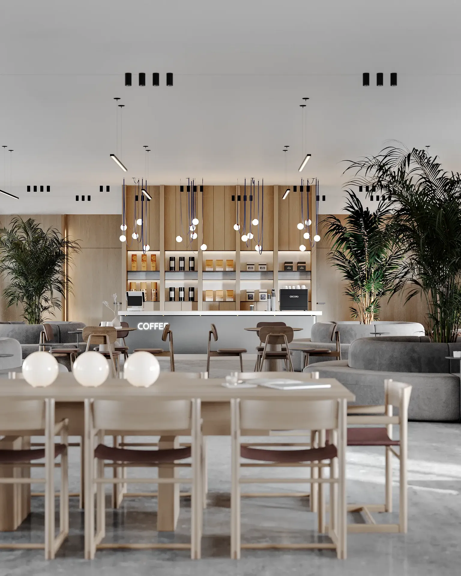 Modernes Café-Interieur mit flexiblen Esstischen und einer Hauptservicebar.