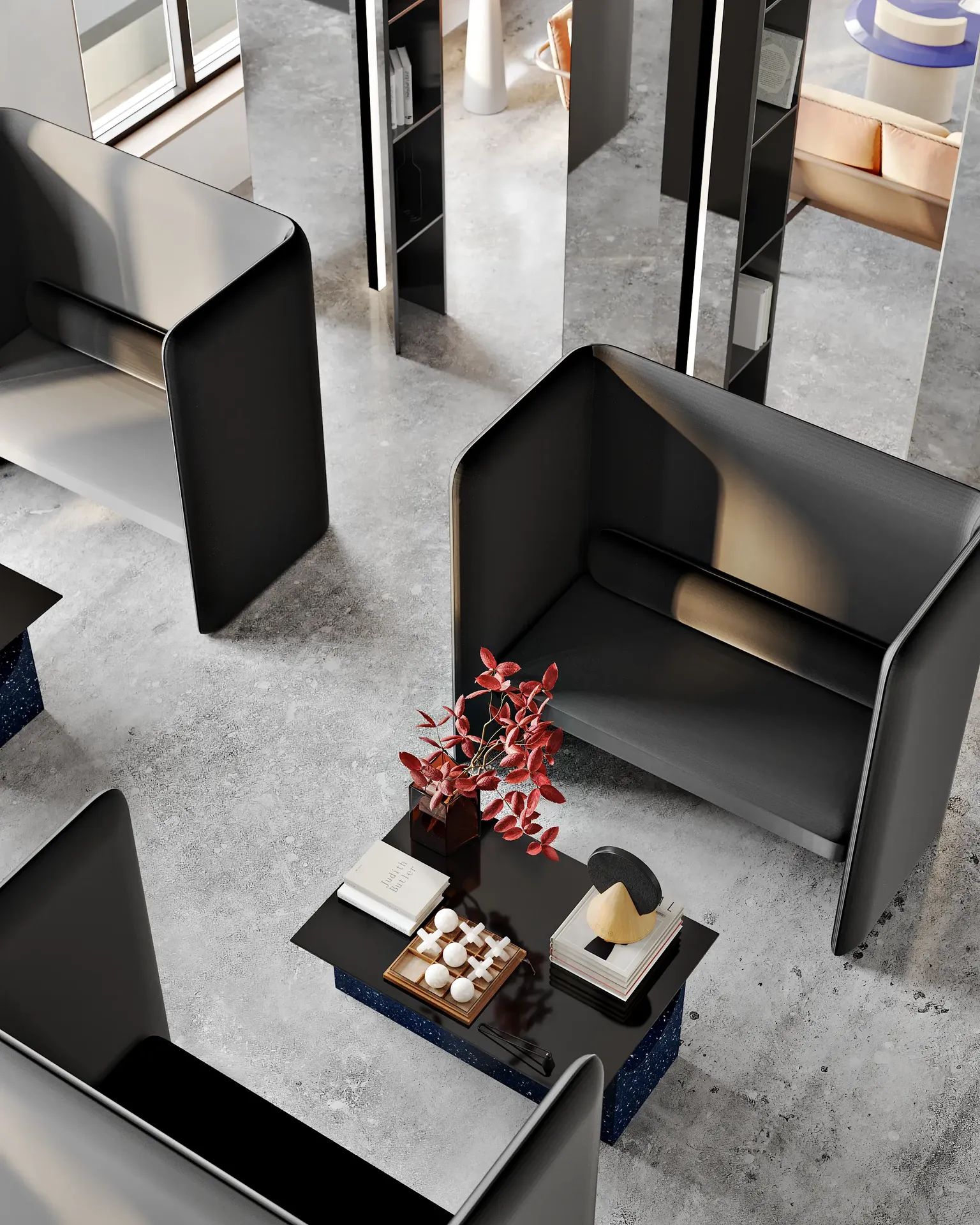 Private Kabinen für zwei Personen mit Sofas mit hoher Rückenlehne, ideal für konzentriertes Arbeiten oder Gespräche.