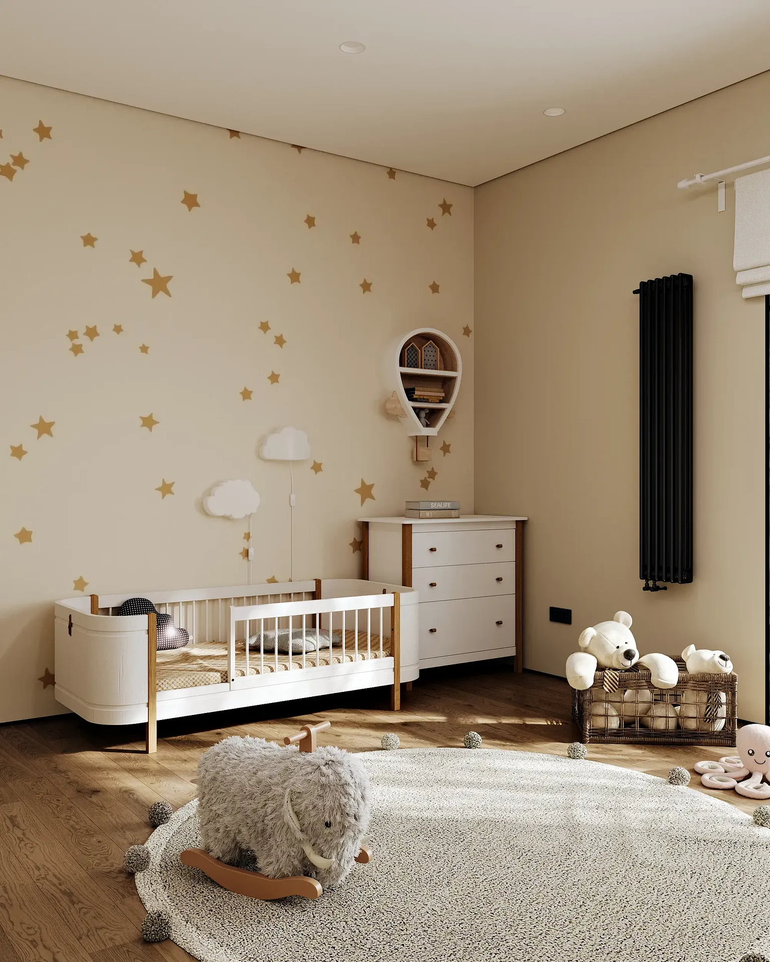Serena habitación infantil japonesa con cama, cómoda de madera clara y juguetes minimalistas.