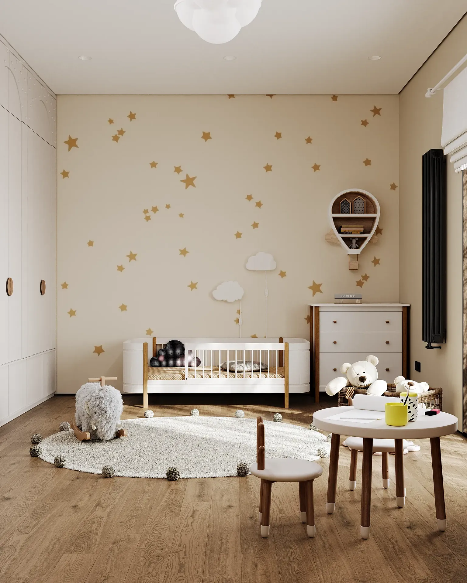 Luminosa habitación infantil japonesa con cama, zona de juegos, espacio de almacenamiento y una pequeña mesa de actividades.