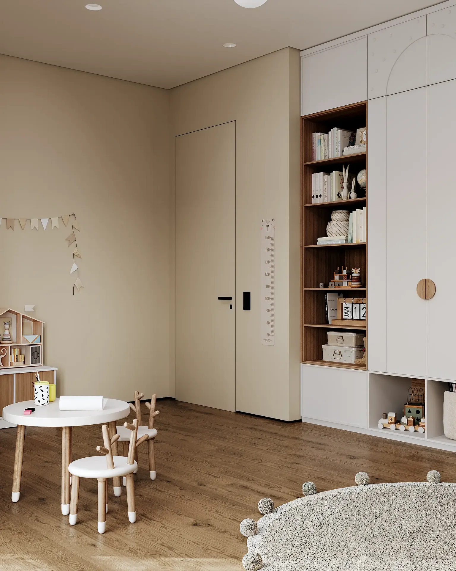 Entrada a la habitación infantil japonesa, que muestra un armario minimalista y una mesa de actividades de madera.
