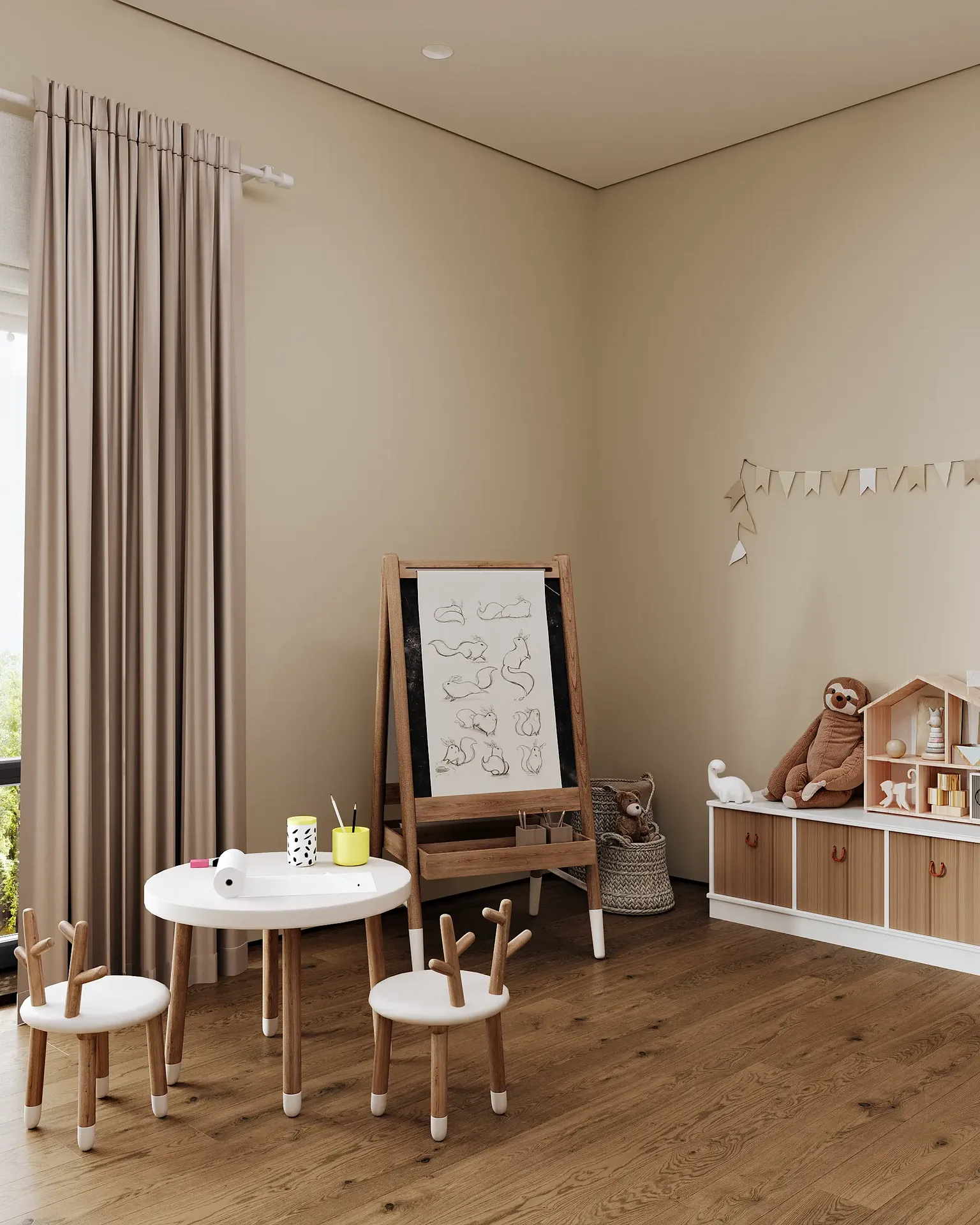 Zona de arte infantil exclusiva de estilo japonés con caballete, mesa de actividades y cómoda de madera.