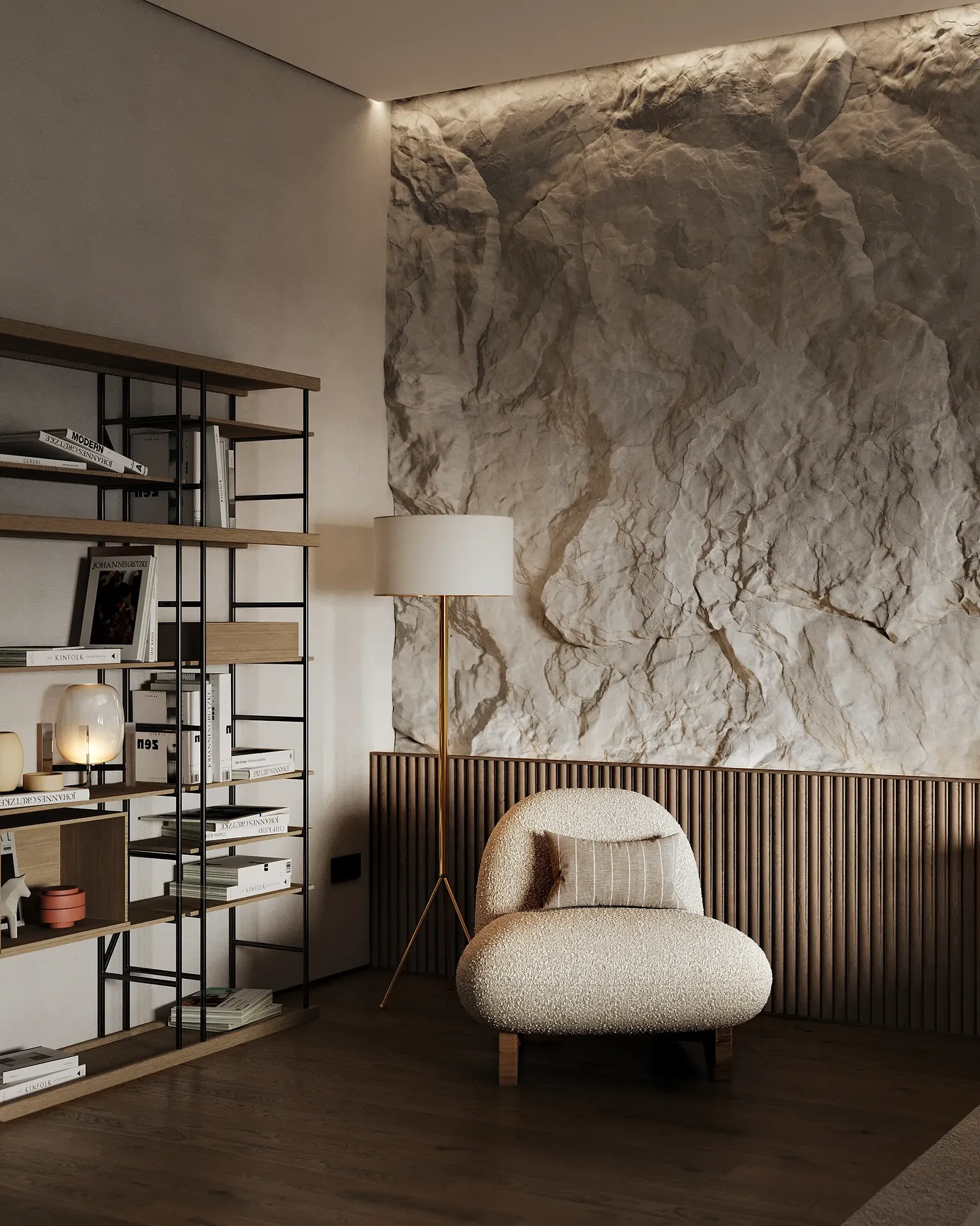 Un sereno rincón de lectura japonés con un acogedor sillón, una lámpara de pie minimalista y estanterías de madera.
