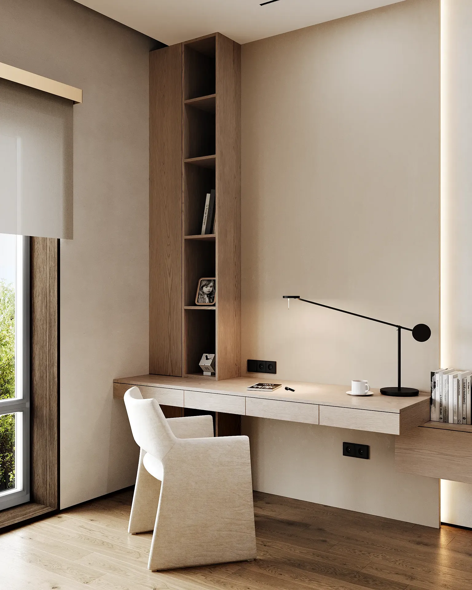 Espacio minimalista de oficina en casa Japandi con un elegante escritorio de madera y una decoración sencilla y funcional.