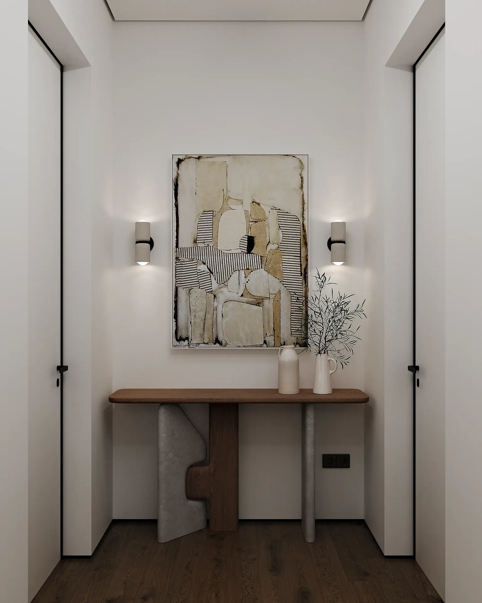 Elegante mesa consola Japandi con decoración, ubicada en el pasillo entre dos dormitorios.