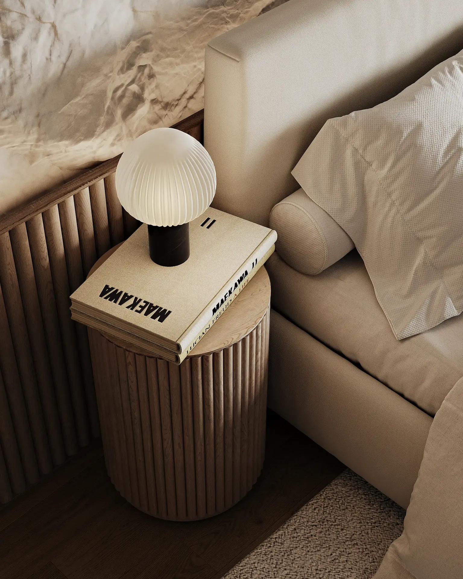 Tocador japonés minimalista que sirve como mesita de noche, con un espejo y una decoración sencillos.