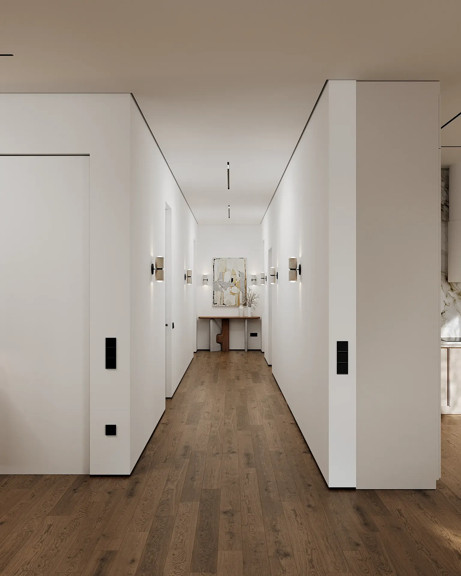 Luminoso pasillo del apartamento Japandi, que muestra las puertas de los dormitorios y un vistazo a la cocina de planta abierta.