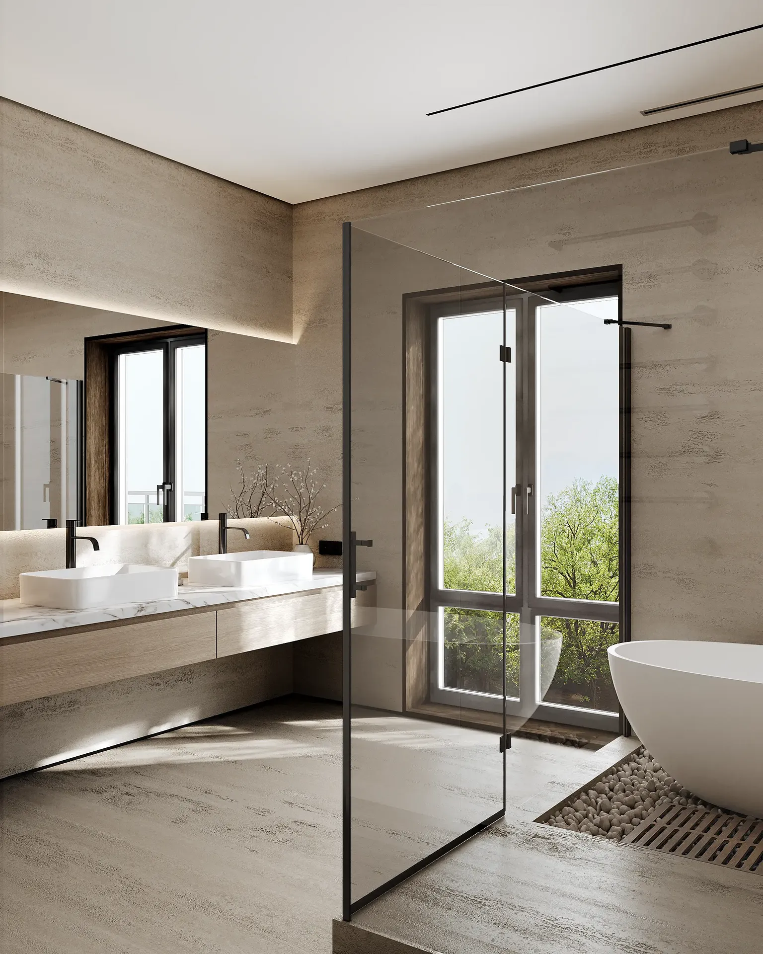Baño principal japonés que cuenta con un moderno tocador doble con dos elegantes lavabos sobre la encimera.