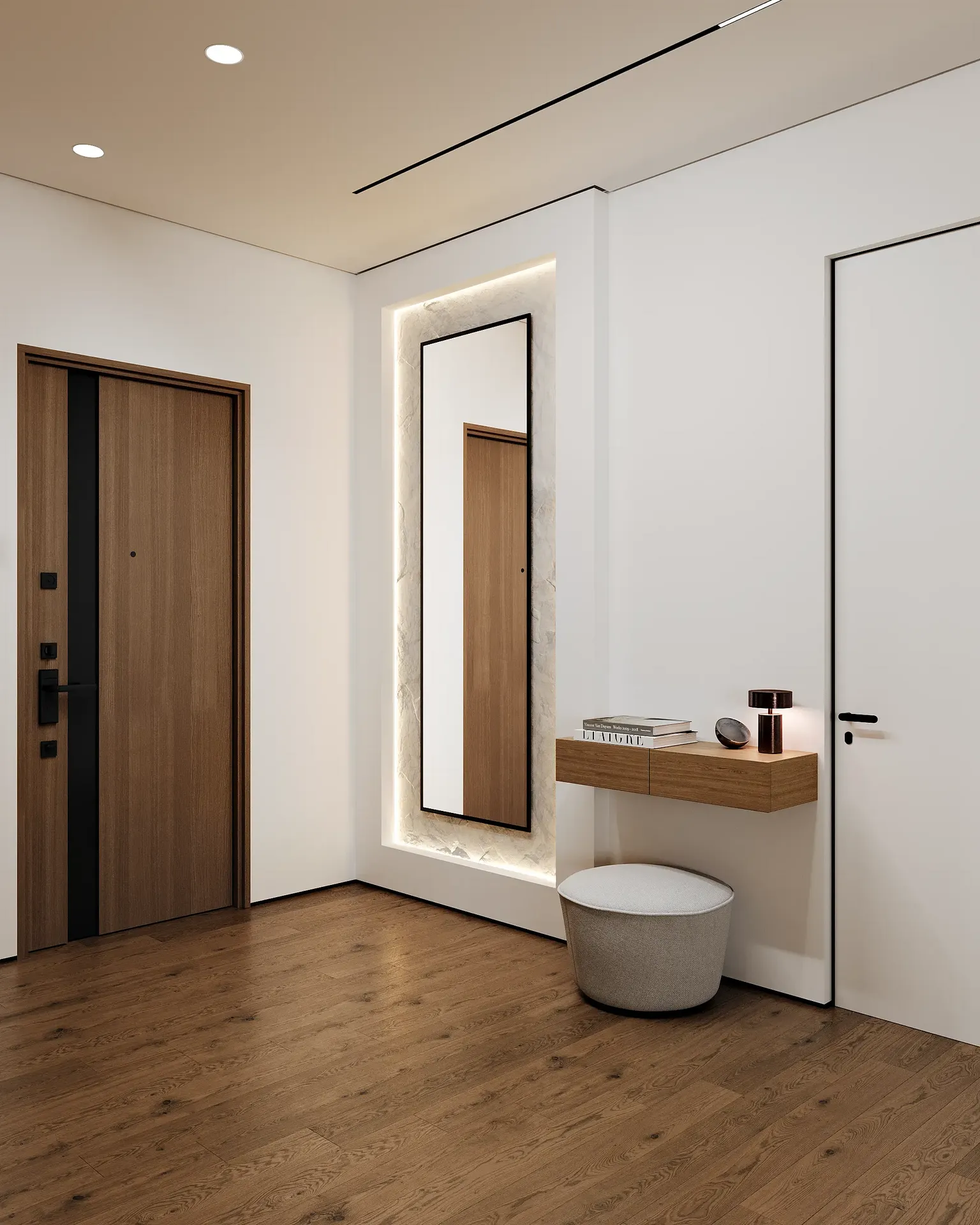 Entrada minimalista al apartamento Japandi con almacenamiento incorporado y puerta al baño de invitados.