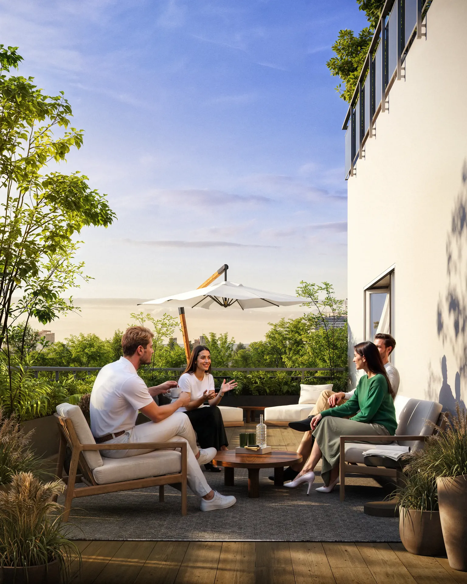 Un grupo de amigos disfrutando de una conversación en una terraza moderna y amueblada de un apartamento de la ciudad.