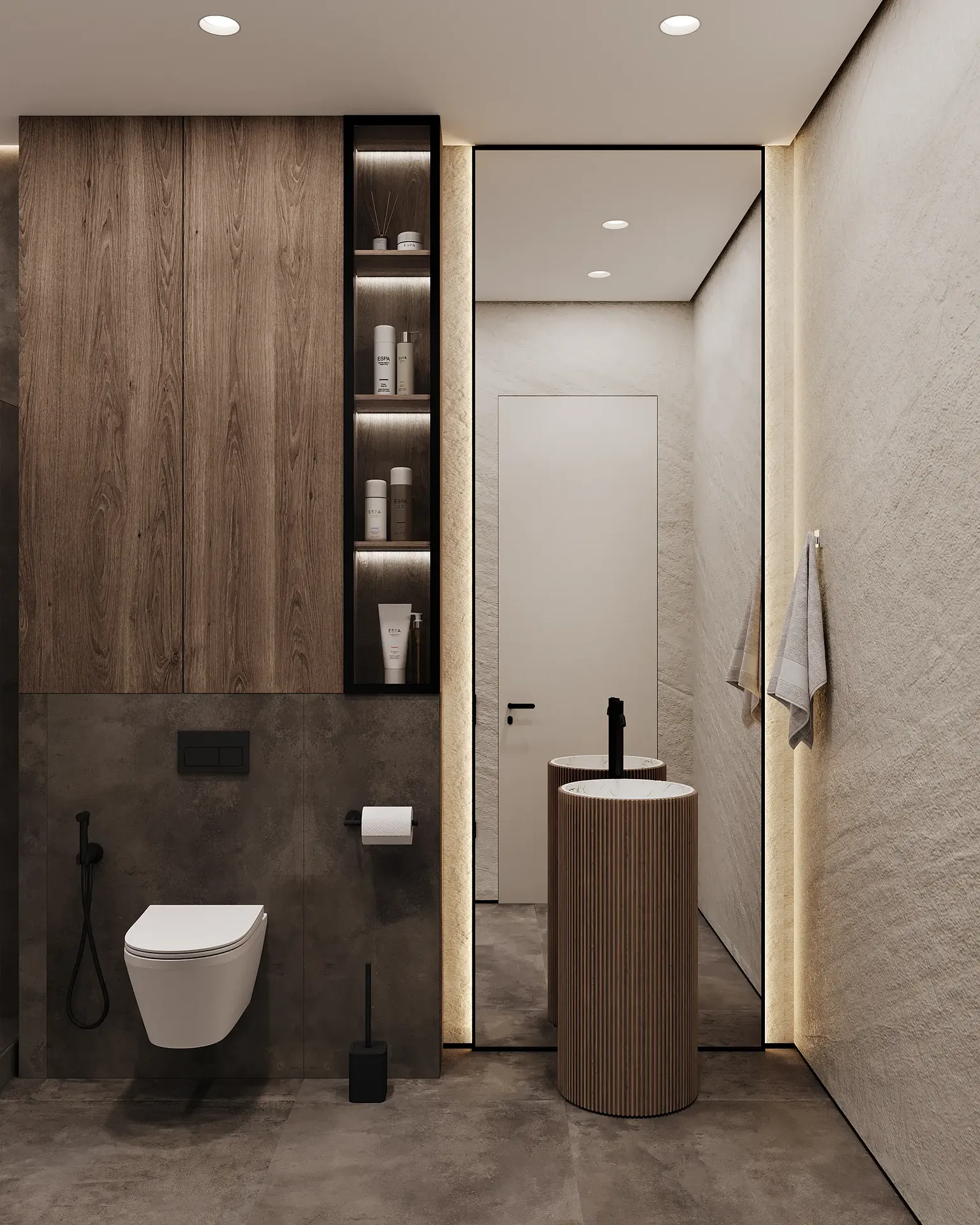 Baño de visitas minimalista con inodoro montado en la pared, espejo redondo y un elegante lavabo tipo vasija.