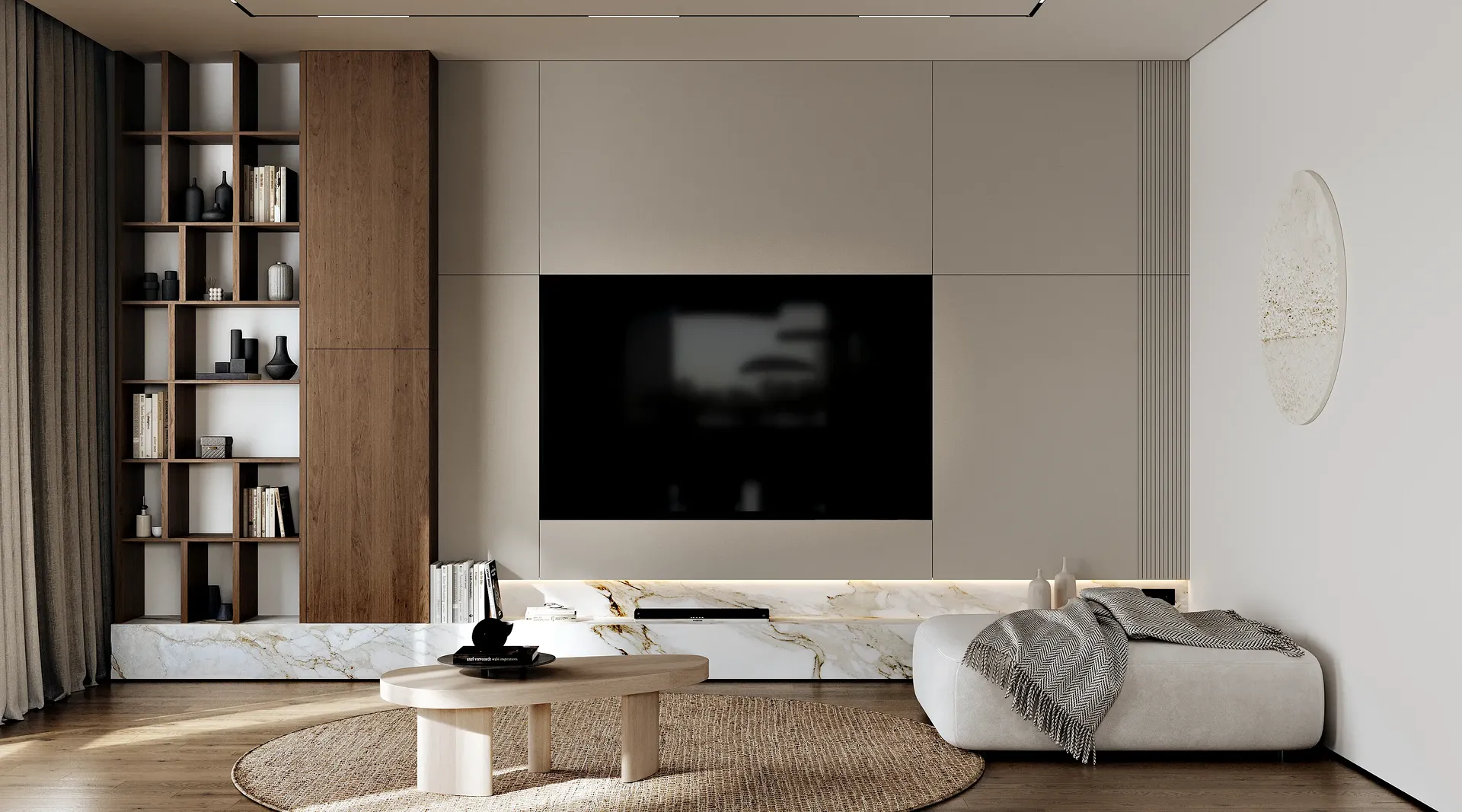 Serena sala de estar japonesa con una consola de TV minimalista y paneles de pared de madera integrados.