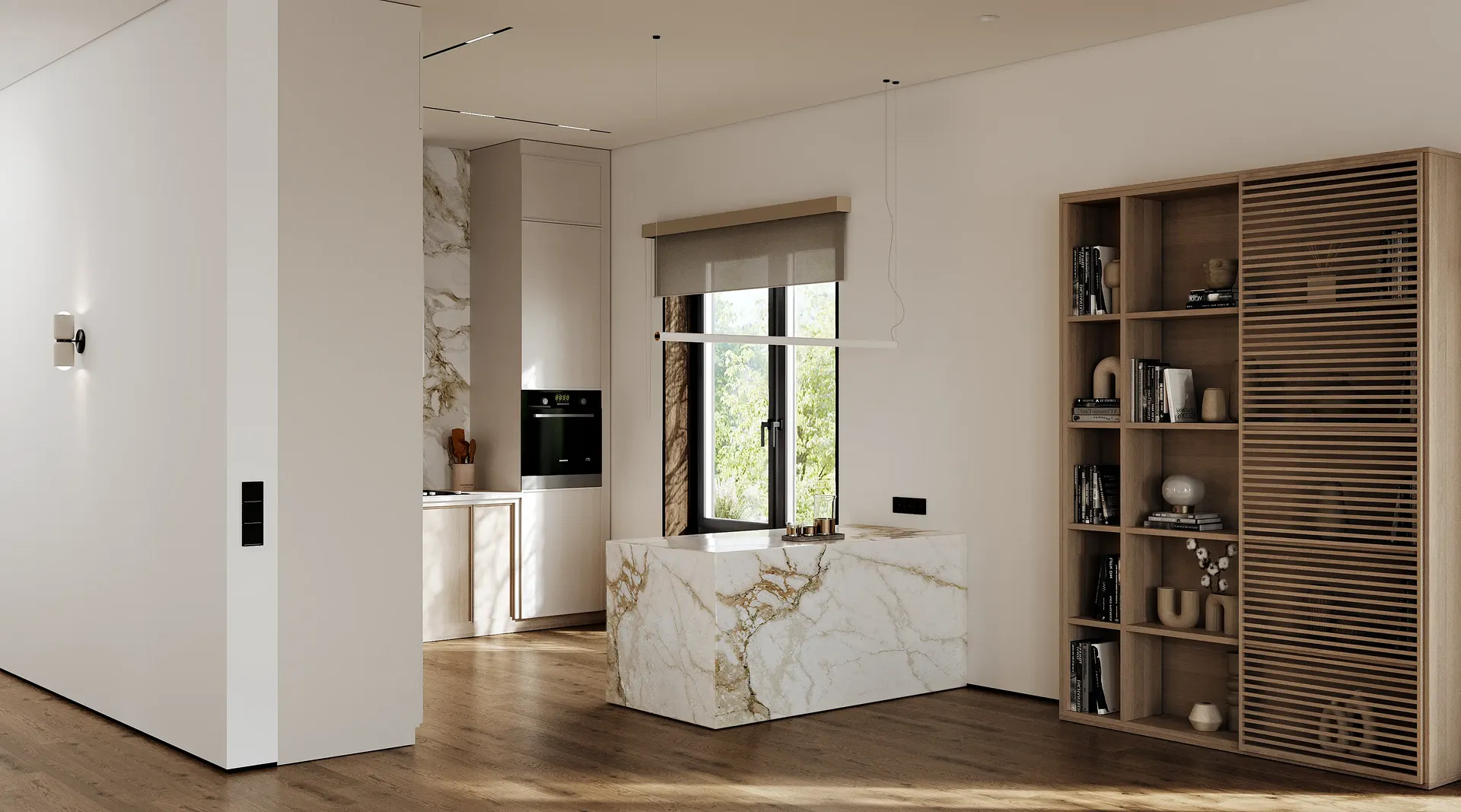Elegante isla de cocina japonesa con barra y respaldada por estanterías abiertas minimalistas para decoración.