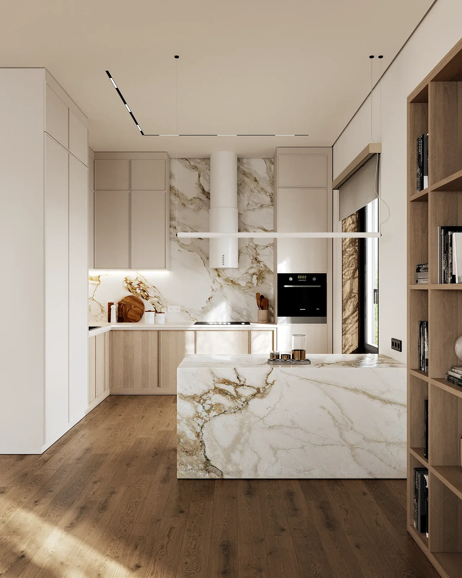 Amplia vista de la luminosa y minimalista cocina japonesa, que muestra la isla y los elegantes gabinetes.