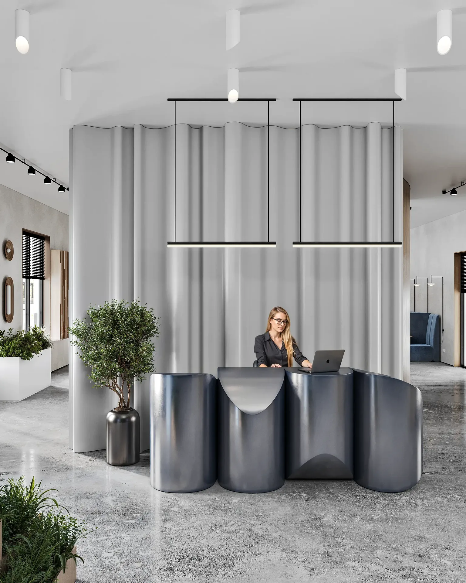 Mostrador de recepción de oficina moderno, perspectiva frontal.