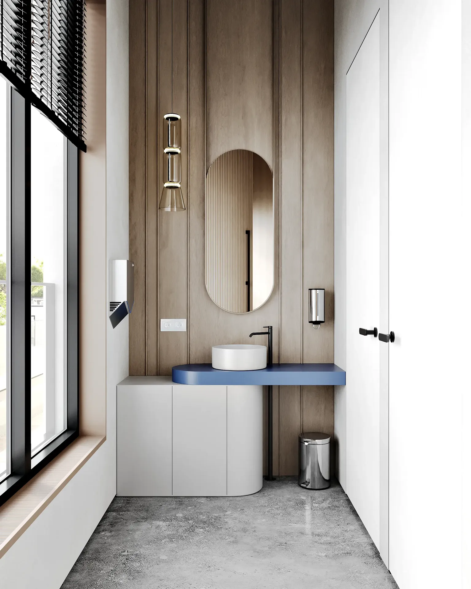 Moderne Toiletteneinrichtung mit Schwerpunkt auf dem sauberen Waschtischbereich mit Waschbecken und großem Spiegel.