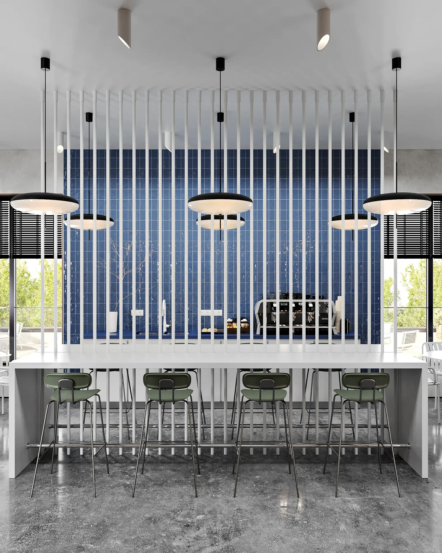 Zona de barra de cocina con taburetes altos, separada por un elegante tabique de lamas de madera.