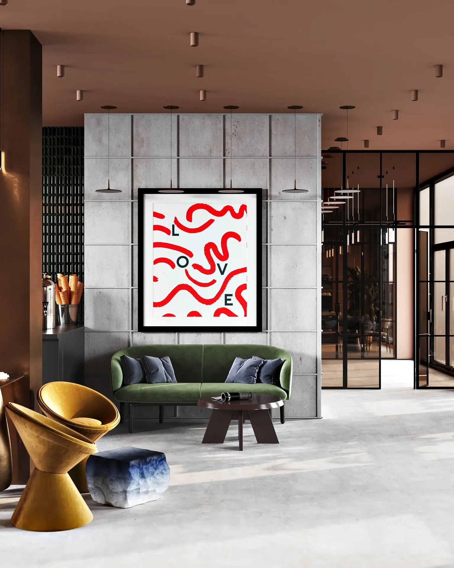 Espace d'attente contemporain avec un canapé compact et élégant