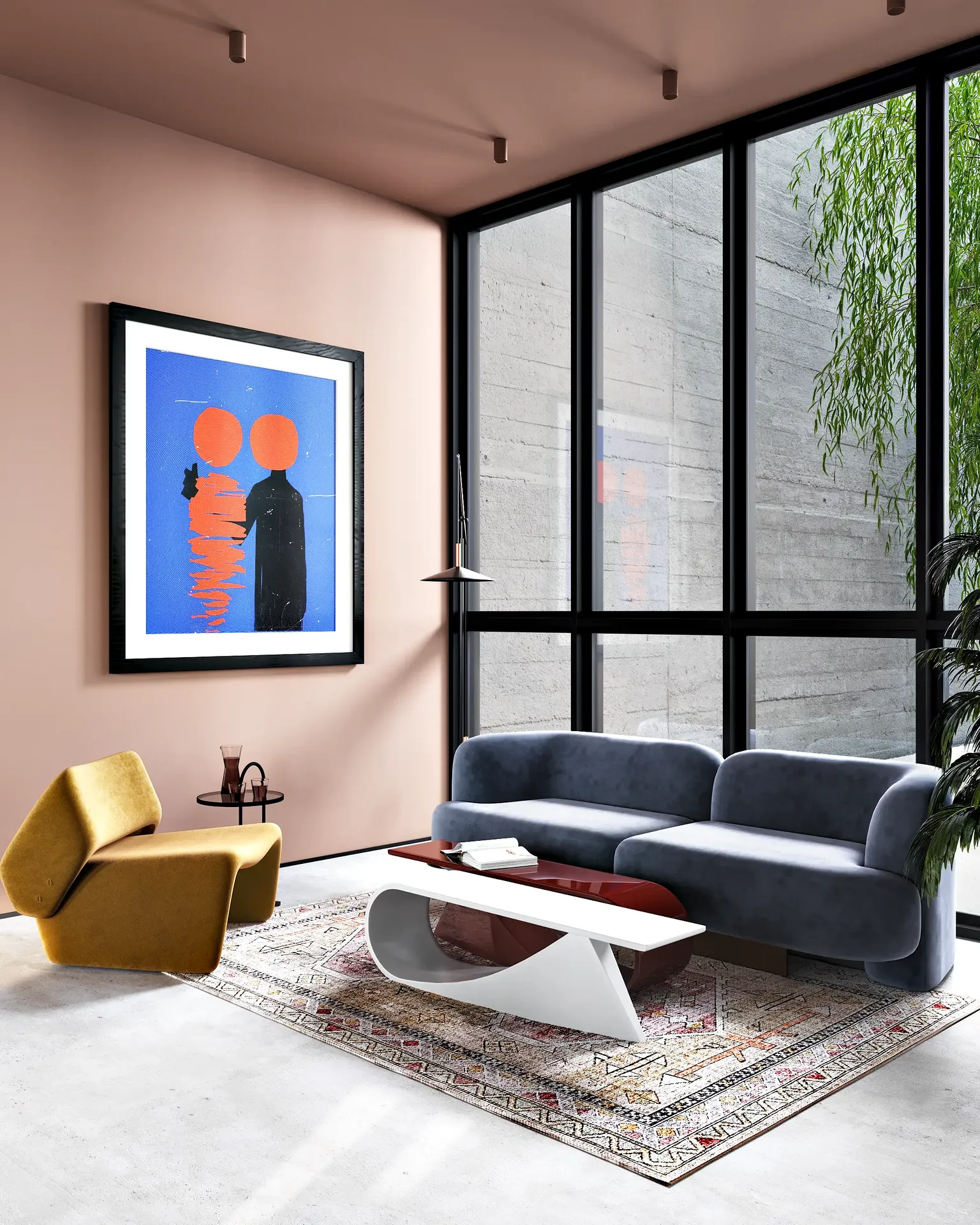 Coin salon moderne avec fenêtre, doté d'un canapé et d'un fauteuil confortables
