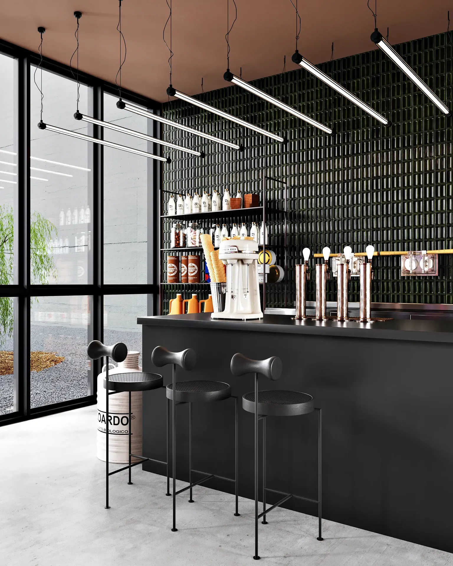 Intérieur de café moderne montrant la disposition des sièges du comptoir du bar