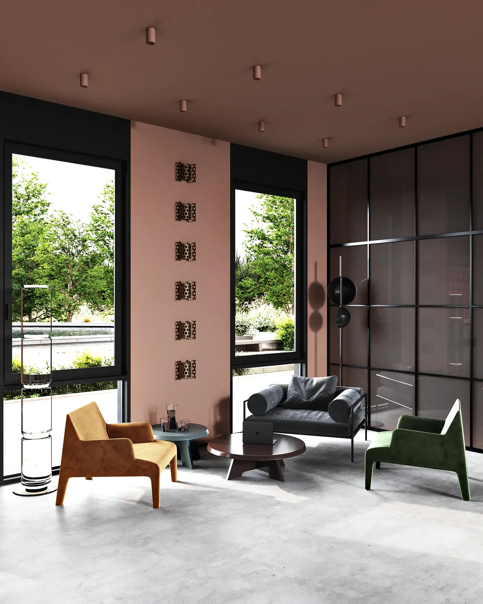 Coin salon lumineux avec fenêtre, fauteuils et table basse