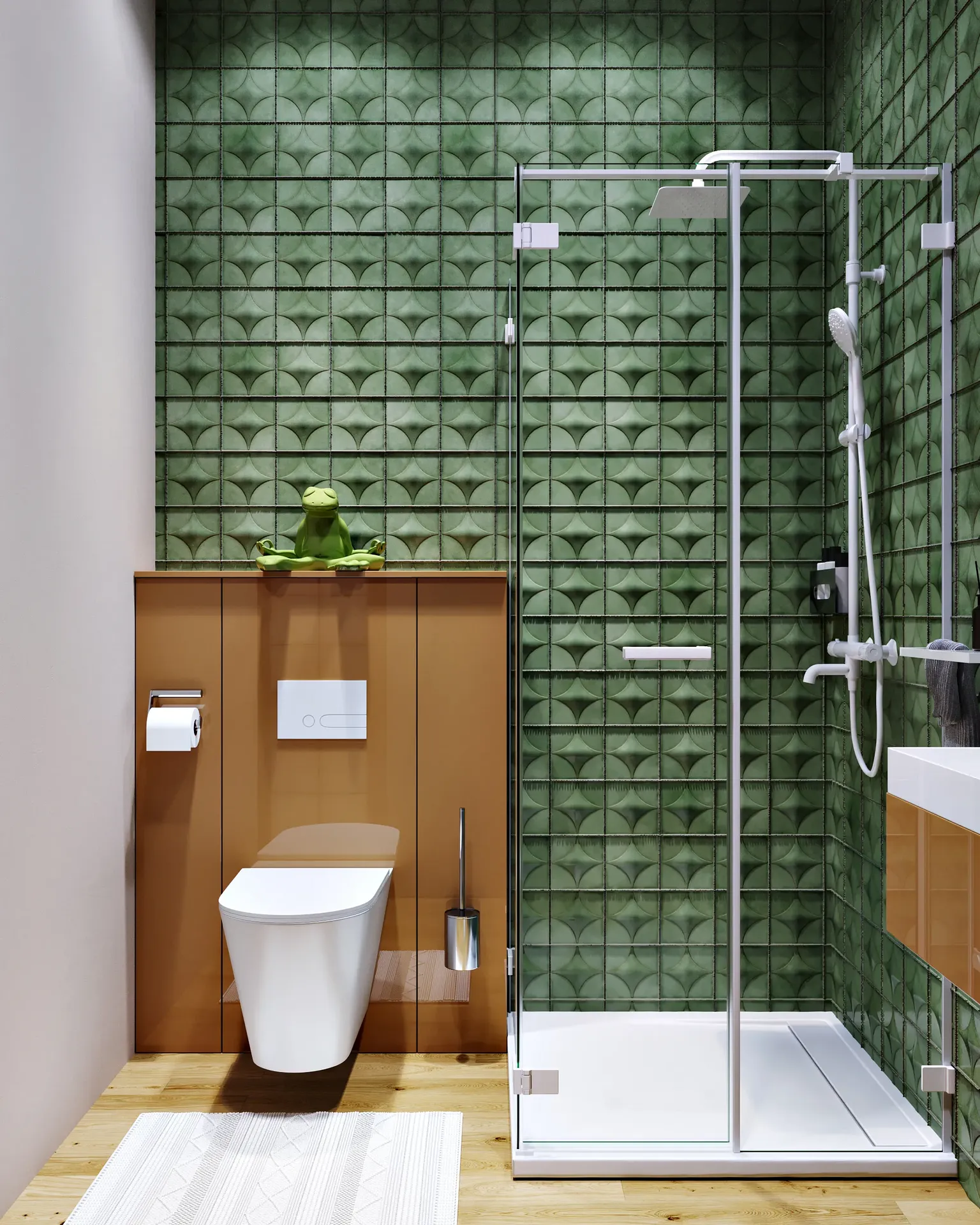 Vue de face d'une douche à l'italienne moderne et de toilettes suspendues