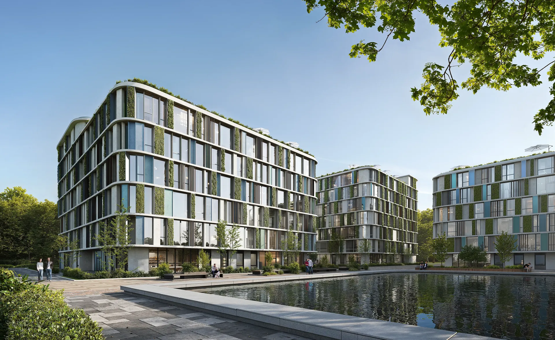 Vue d'ensemble d'une communauté résidentielle montrant des maisons, une piscine centrale et des résidents profitant du quartier.