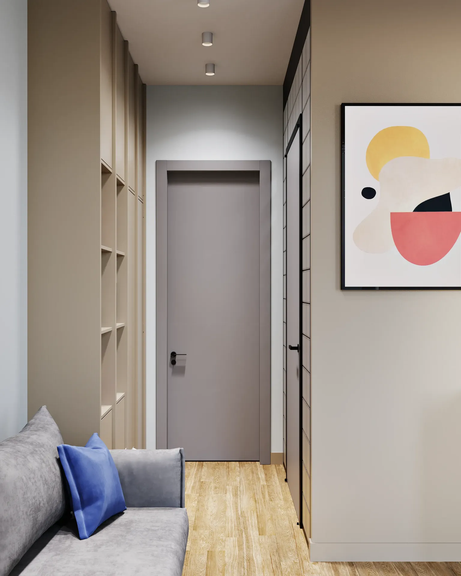 Hall d'entrée et perspective du couloir d'un appartement moderne