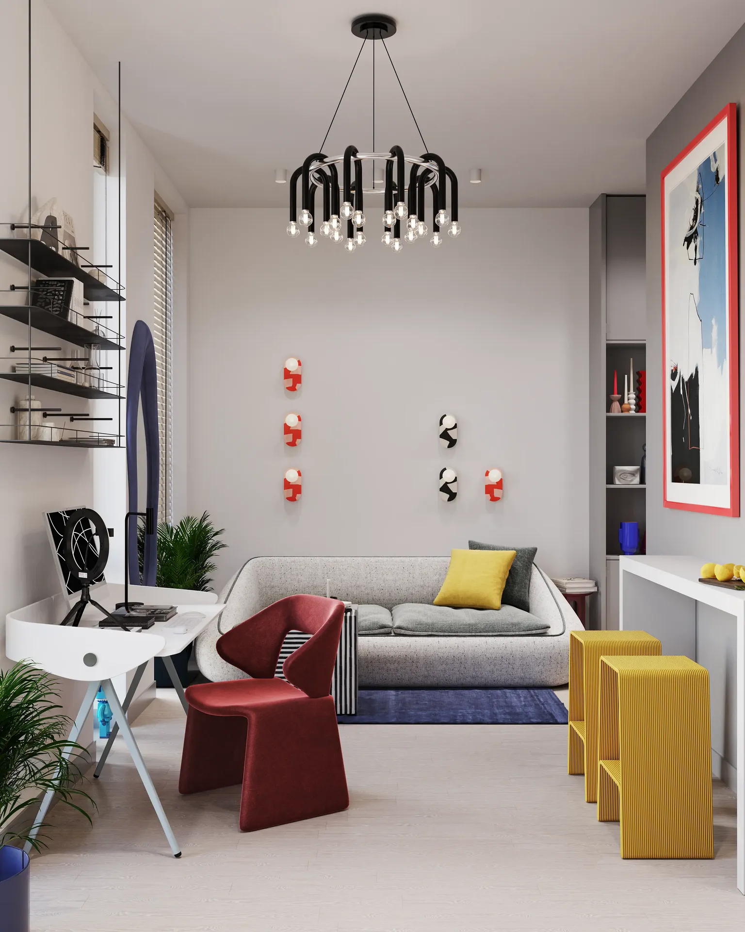 Salle à aire ouverte avec espace de travail, canapé et bar à petit-déjeuner