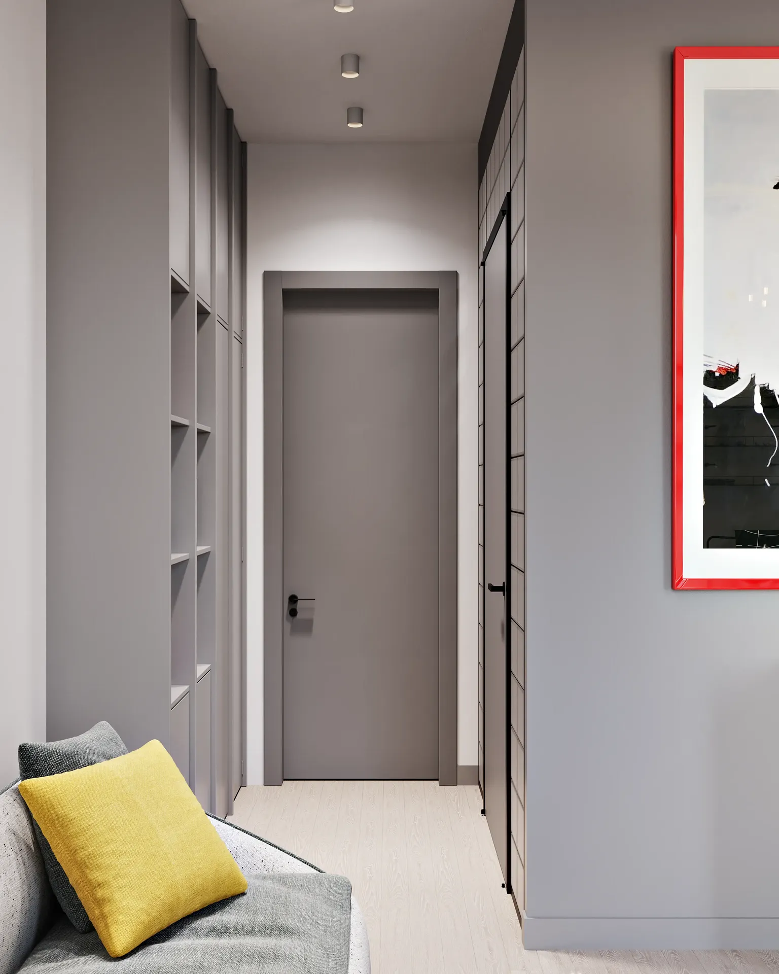 Hall d'entrée et perspective du couloir d'un appartement moderne