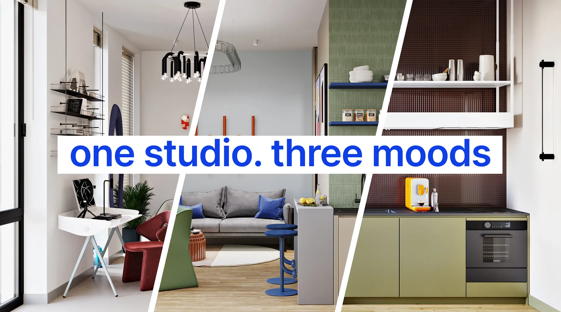 Collage de design d'intérieur présentant un studio moderne dans de multiples variations de palette de couleurs.
