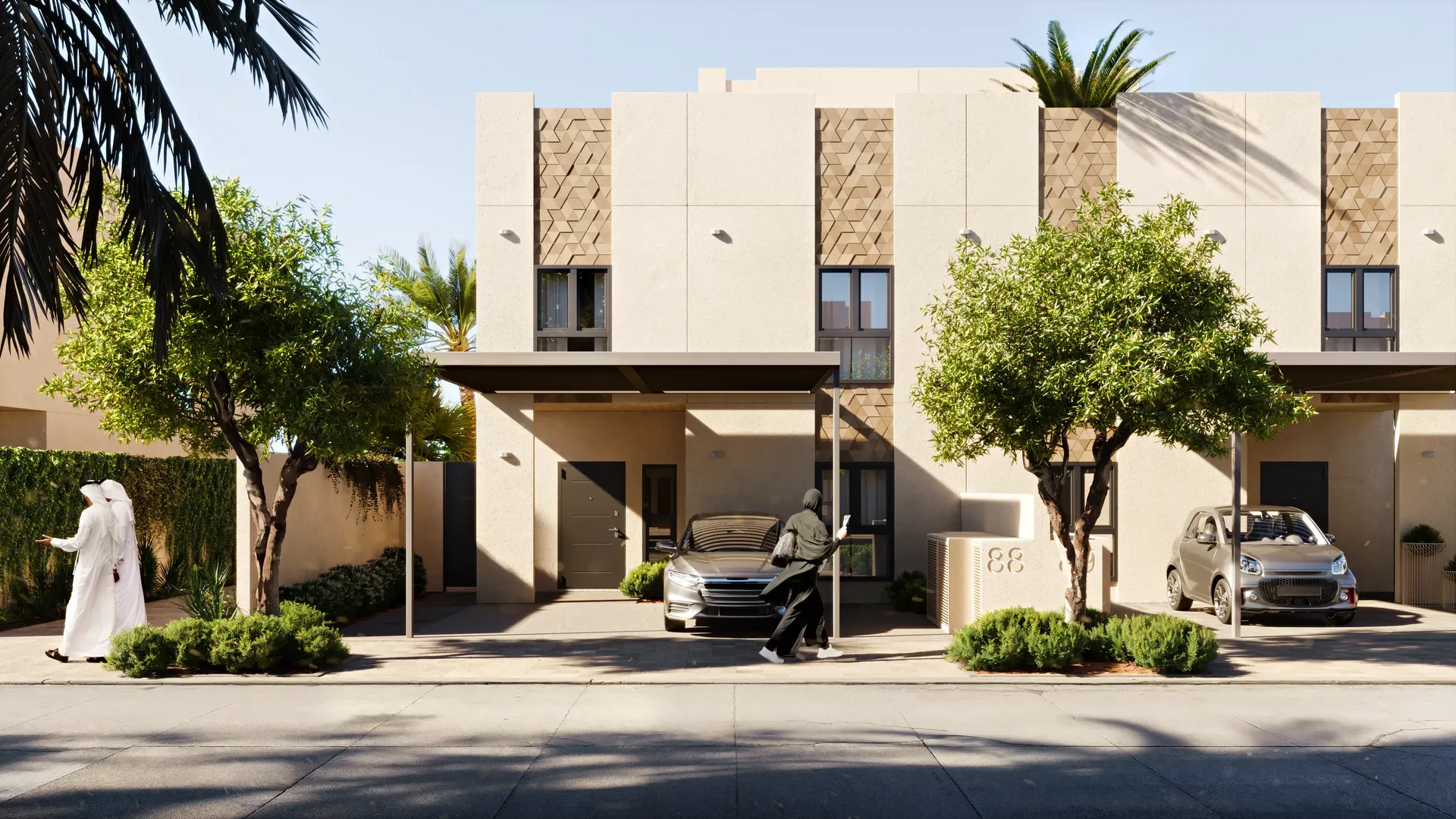 Grand angle de la façade du bâtiment, de la zone d'entrée et du parking avec activité piétonne